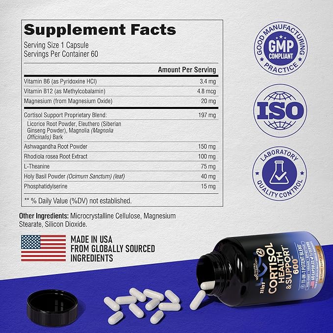 Cortisol Supplement - 11 in 1 Hormone Balance for Women - Made in USA Supplement - Mood, Focus, Sleep Support - Vegan, Non-GMO, Natural Pills - 60 Capsules, 2 Month Supply