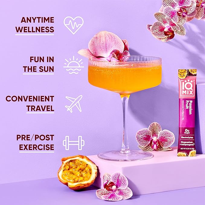 IQMIX Sugar Free Electrolytes Powder Packets - Hydration Supplement Drink Mix with Keto Electrolytes, Lions Mane, Magnesium L-Threonate, and Potassium Citrate - Passion Fruit (40 Count)