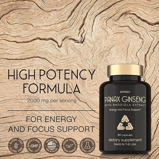 Panax Ginseng and Rhodiola Rosea 2000mg 60 Capsules 7% Ginsenosides