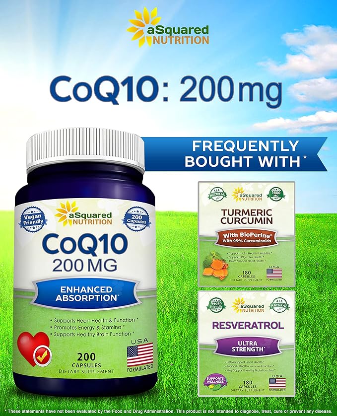 aSquared Nutrition CoQ10 (200 Capsules and 200mg) Q-10 Powder Q10 Vitamin, 10 Alernative
