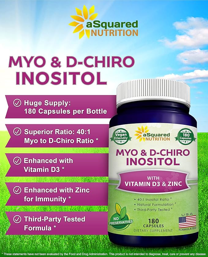 aSquared Nutrition Myo-Inositol & D-Chiro Inositol Supplement 180 Capsules D3 and 40 to 1 Ratio B8 Complex