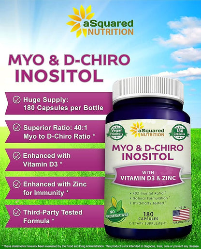 aSquared Nutrition Myo-Inositol & D-Chiro Inositol Supplement 180 Capsules D3 and 40 to 1 Ratio B8 Complex