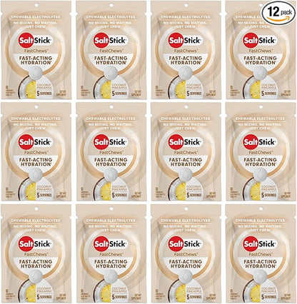 SaltStick Electrolyte FastChews Chewable Tablets | 120 Count - Coconut Pineapple | Salt Tablets for Runners, Sports Nutrition, Hydration Tablets, Electrolyte Chews | 12 Packets of 10 Tablets Each