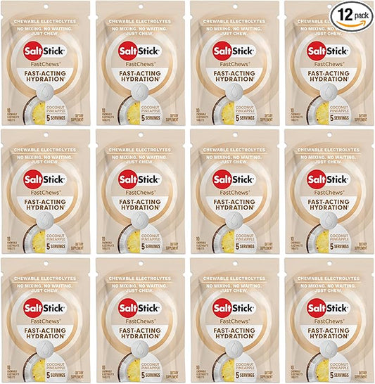 SaltStick Electrolyte FastChews Chewable Tablets | 120 Count - Coconut Pineapple | Salt Tablets for Runners, Sports Nutrition, Hydration Tablets, Electrolyte Chews | 12 Packets of 10 Tablets Each