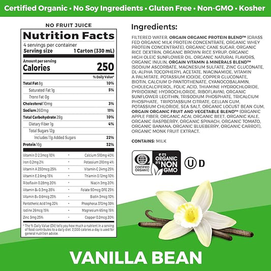 Orgain Organic Nutritional Protein Shake, Vanilla Bean 16g Grass 20 Vitamins 11 Fl (4 Pack)