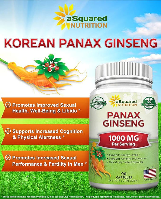 aSquared Nutrition Natural Korean Panax Ginseng (1000mg Max Strength)-90 Capsules