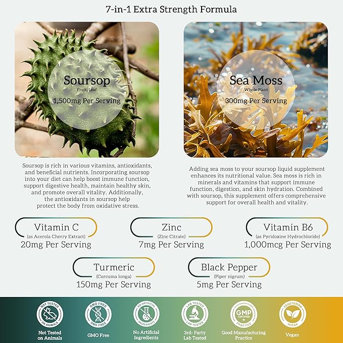 (1 Pack) Soursop Liquid Drops Plus Sea Moss Extract, Graviola Soursop Bitters Liquid Extract for Cell Support & Regeneration, Immune Boost, Liver and Sleep, Soursop Oil Herbal Goodness, 1 Fl Oz
