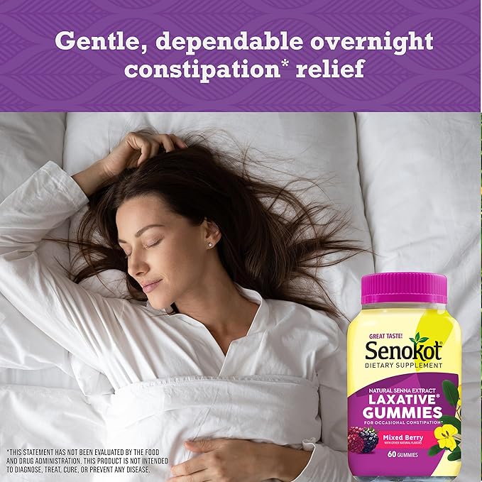 Senokot Dietary Supplement Laxative Gummies, Natural Senna Extract, Gentle, Overnight Relief from Occasional Constipation, Mixed Berry Flavor, 60 Count.