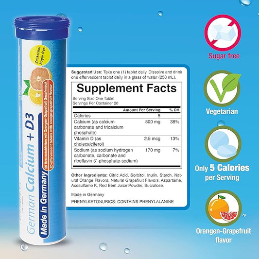 German Calcium + VIT. D - 100 Vegetarian Drink Effervescent Tablets - Orange-Grapefruit Flavor - Made in Germany