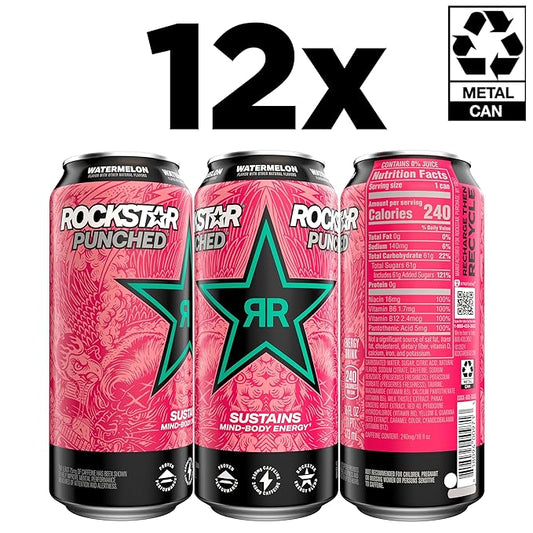 Rockstar Energy Drink Punched Watermelon, 16oz Cans (12 Pack) (Packaging May Vary)