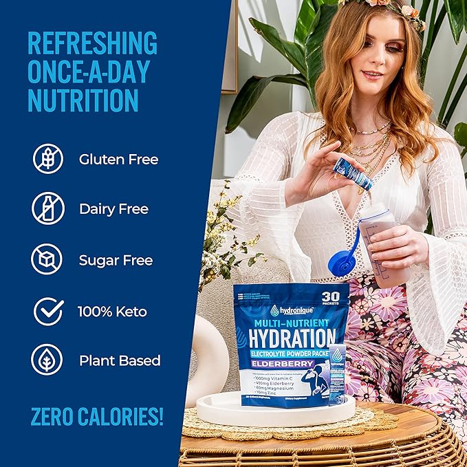 Hydronique Hydration Packets | Low Sodium Electrolytes Powder | 54mg Sodium | Vitamins, Minerals, Antioxidants | Elderberry Flavor (30 Packs)