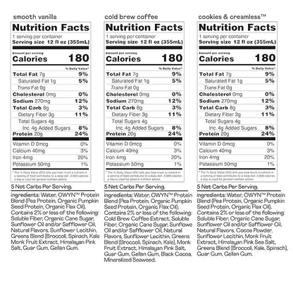OWYN Only What You Need Plant Based Protein Shake, 20g Vegan Protein from Organic Pumpkin seed, Flax, Pea Blend, Prebiotic supplement, Gluten & Soy-Free (Vanilla Variety Pack, 12 Pack)