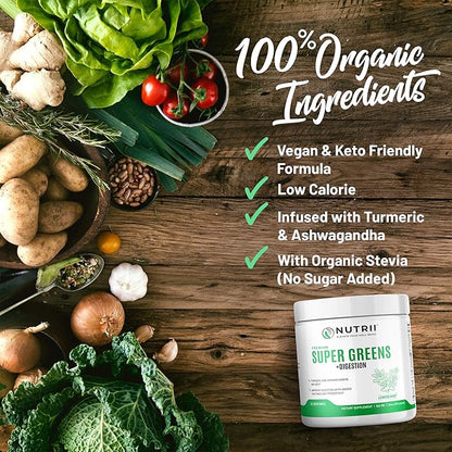 Organic Green Immunity Superfood Powder - Soothes Digestion, Boosts Healthy Vitality and Energy. Fast Acting Formula with Probiotics, Enzymes, Turmeric and Ashwagandha (30 Servings Lemon-Mint)