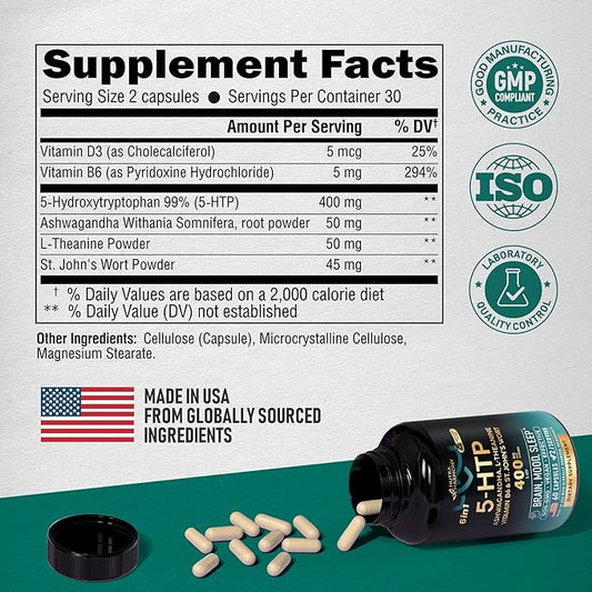 5HTP 400 mg Capsules 5-HTP Supplement B6 & D3 | 5 HTP 60 Capsules