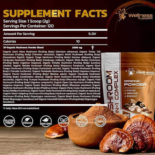 Mushroom Powder, 25 in 1 Mushrooms 2000mg - 25 Superfood 120 Servings