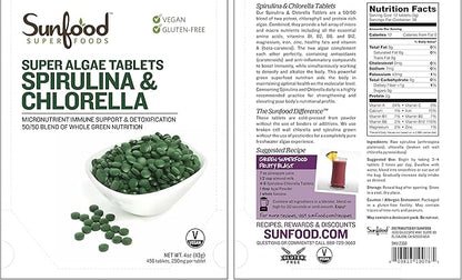 Sunfood Chlorella Spirulina Tablets - Spirulina and Chlorella Capsules, Chlorella Powder Pills, Green Algae Supplement Rich in Chlorophyll, Broken Cell Wall, Vegan - 4 oz Bag