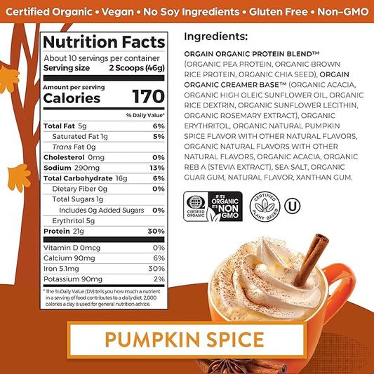 Orgain Organic Vegan Protein Powder, Pumpkin 21g of 5g Prebiotic 1.02 lb