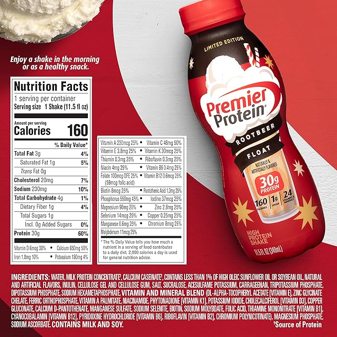 Premier Protein Shake, Limited Edition, Root Beer Float, 30g Protein, 1g Sugar, 24 Vitamins & Minerals, Nutrients to Support Immune Health, 11.5 fl oz, 12 Pack