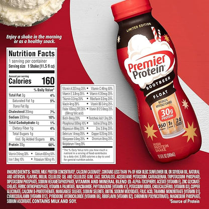 Premier Protein Shake, Limited Edition, Root Beer Float, 30g Protein, 1g Sugar, 24 Vitamins & Minerals, Nutrients to Support Immune Health, 11.5 fl oz, 12 Pack