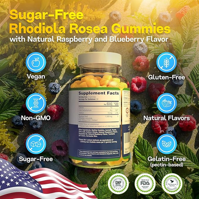 Sugar-Free Rhodiola Rosea Gummies (1500mg/Serving) Adaptogenic 60 Vegan