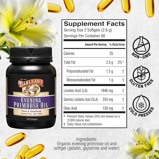 Barlean's Evening Primrose Oil Capsules, GLA 1300mg Softgels, 120 Count