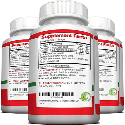 Non GMO Cranberry Concentrate Supplement Pills for Urinary Tract Infection UTI. Equals 12600mg Cranberries. Triple Strength Kidney Bladder Health for Men & Women. Easy to Swallow Softgels, 3 Bottles