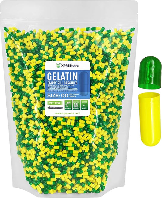 XPRS Nutra Size 00 Empty Capsules - 5000 Count Empty Gelatin Capsules - Empty Pill Capsules - DIY Capsule Filling - Fillable Pill Capsules Empty Gel Caps (Green/Yellow)