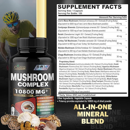 Organic Cadane 19in1 High Strength Mushroom 10800mg - 4-Month Supply 120 Capsules