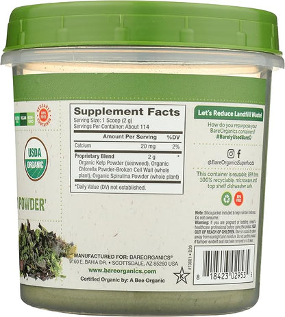 BareOrganics Marine Super Greens Powder | USDA Organic, Gluten-Free, Vegan, Non-GMO, BPA-Free | Kelp, Chlorella, Spirulina, 8oz