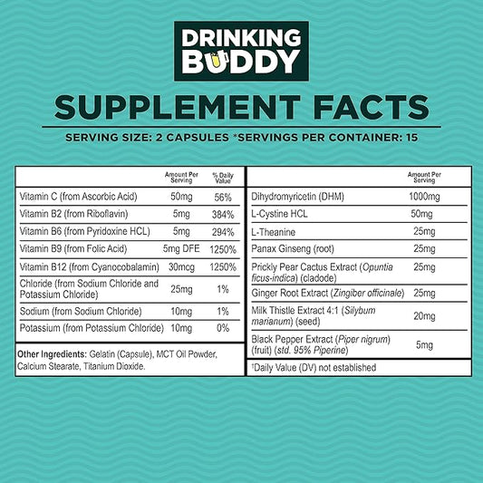 Drinking Buddy (3pack, After-Drinking Aid with DHM, Prickly Pear, L-Cystine and L-Theanine, Milk Thistle, B-Vitamins, Ginger