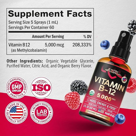 NUTRAHARMONY USDA Organic Vitamin B12 Spray - 5000 mcg Liquid Vegan Methylcobalamin for Women & Men - Energy Boost, Focus & Mood, Brain Health Support - Maximize Absorption - 2 Month Supply, 2 fl oz