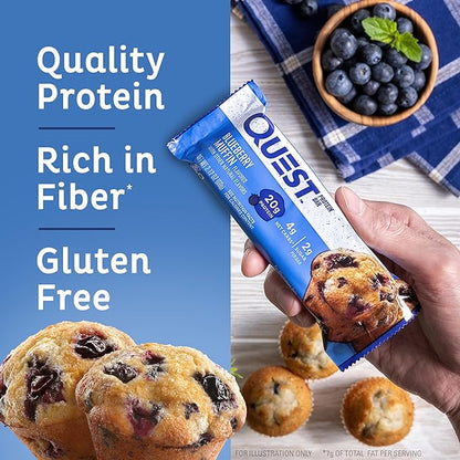 Quest Nutrition Blueberry Muffin Protein Bars, 20g Protein, 2g Sugar, 5g Net Carb, Gluten Free, Keto Friendly, 12 Count