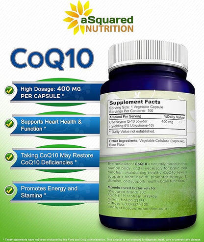 aSquared Nutrition CoQ10 (400mg Max Strength, 100 Veggie Q10 Powder Q-10 Enzyme 10 400 400 mg