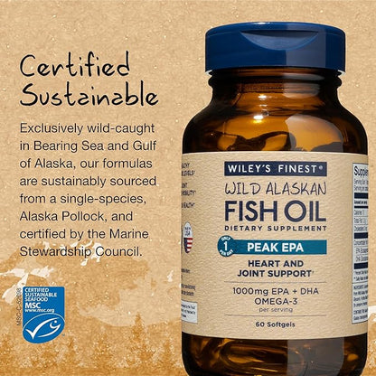 Wiley's Finest Wild Alaskan Fish Oil 1000mg Omega-3s, Omega-3s, SQF-Certified 60 Softgels (60 Servings)