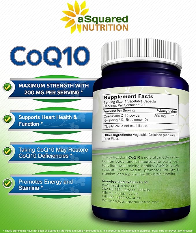 aSquared Nutrition CoQ10 (200 Capsules and 200mg) Q-10 Powder Q10 Vitamin, 10 Alernative