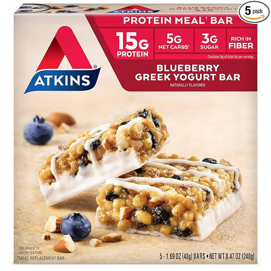 Atkins Blueberry Greek Yogurt Protein Meal Bar, High Fiber, 15g Protein, 3g Sugar, 5g Net Carbs, Meal Replacement, Keto Friendly, 5 Count