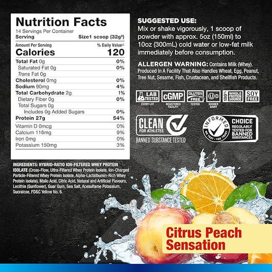 ALLMAX ISOFLEX Chiller, Citrus Peach Sensation - 1 lb - 27 Grams of Protein Per Scoop - Zero Fat & Sugar - 99% Lactose Free - Approx. 14 Servings