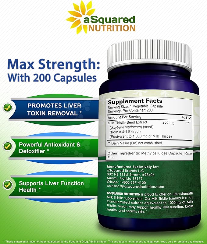 aSquared Nutrition Milk Thistle Supplement 1000mg-200 4X Concentrated 4:1 Milk 1000 mg