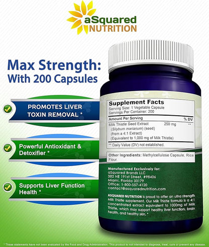 aSquared Nutrition Milk Thistle Supplement 1000mg-200 4X Concentrated 4:1 Milk 1000 mg