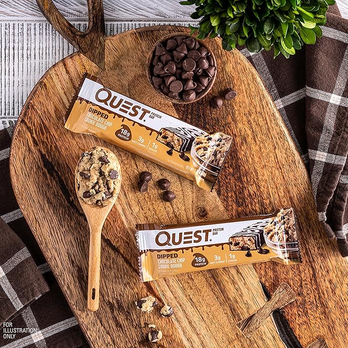 Quest Nutrition Dipped Chocolate Chip Cookie Dough Protein Bars, 18g Protein, 3g Net Carbs, Gluten Free, 1.76 Oz, 12 Count