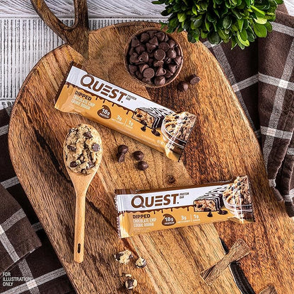 Quest Nutrition Dipped Chocolate Chip Cookie Dough Protein Bars, 18g Protein, 3g Net Carbs, Gluten Free, 1.76 Oz, 12 Count