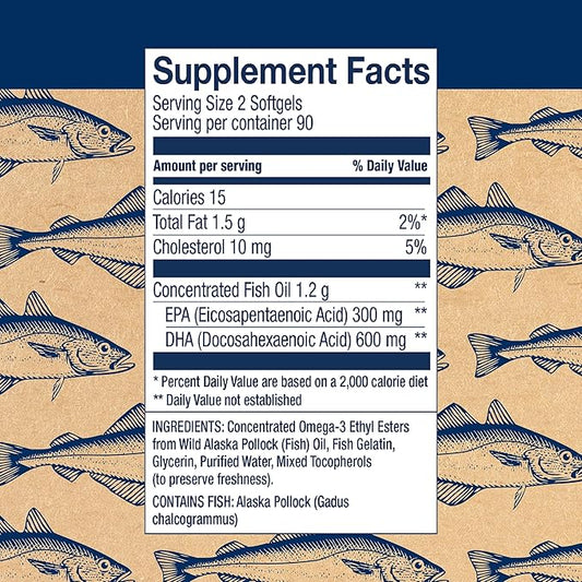 Wiley's Finest Wild Alaskan Fish Oil 600mg DHA Omega-3s - 180 Softgels (90 Prenatal