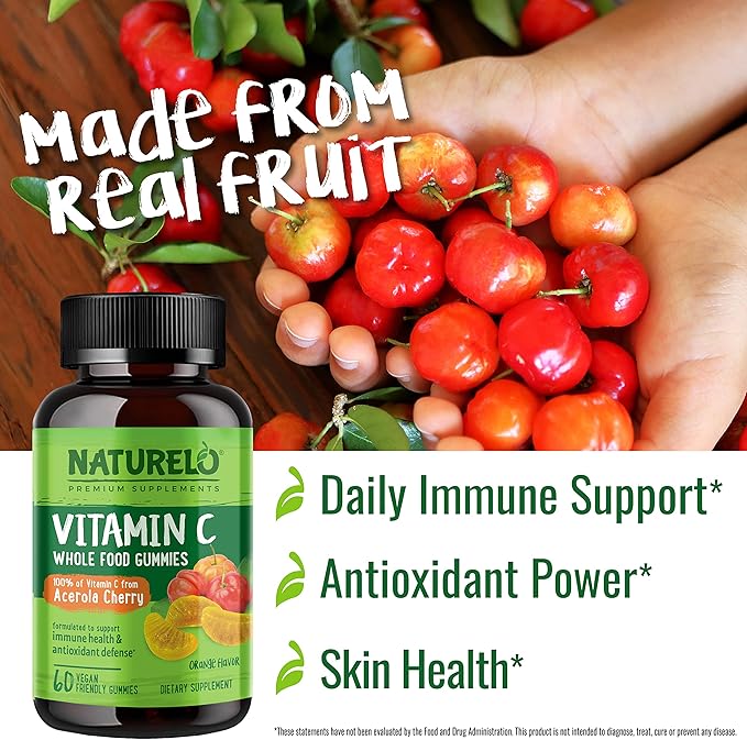 NATURELO Whole Food Vitamin C Gummies, 60 Vegan-Friendly