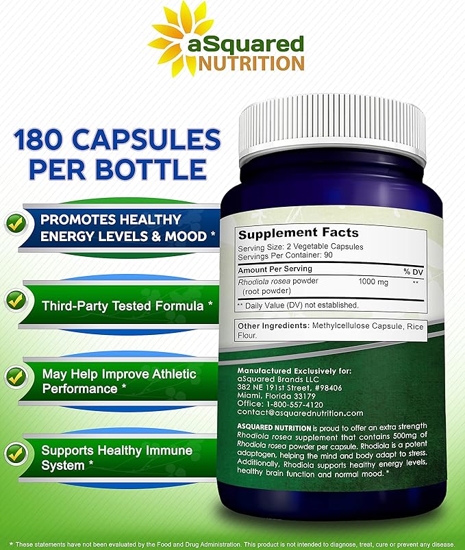 aSquared Nutrition Rhodiola Rosea Supplement 1000mg 180 Vegan