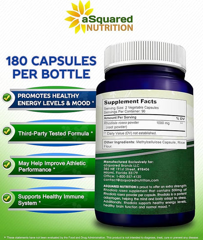 aSquared Nutrition Rhodiola Rosea Supplement 1000mg 180 Vegan