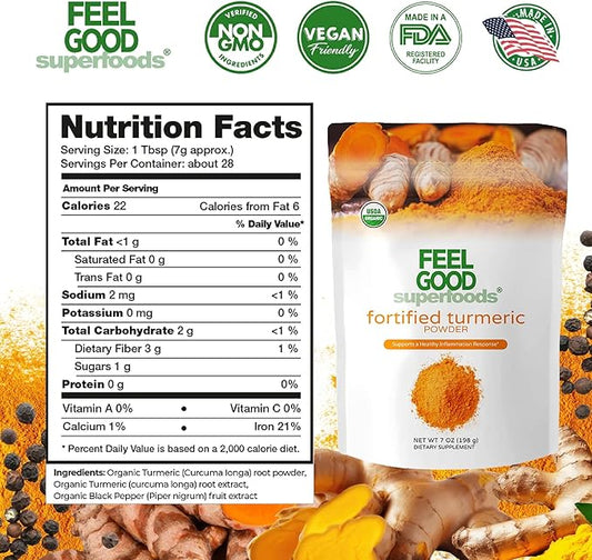 Feelgood Superfoods Fortified Turmeric Powder - Vegan Turmeric Supplement with Black Pepper Extract - Offers Cardiovascular, Joint, Digestive & Immune Support - 7 oz