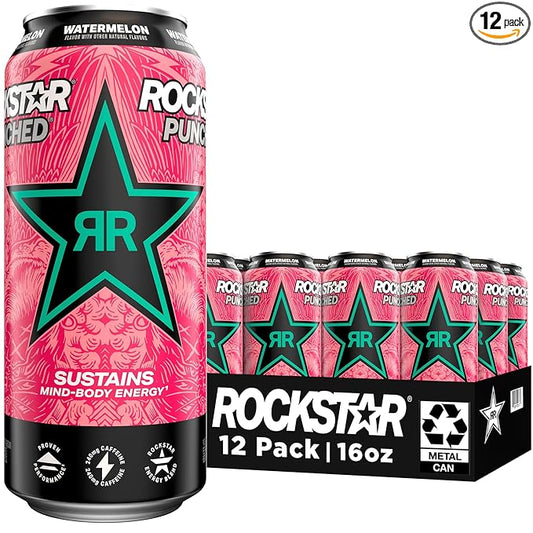 Rockstar Energy Drink Punched Watermelon, 16oz Cans (12 Pack) (Packaging May Vary)