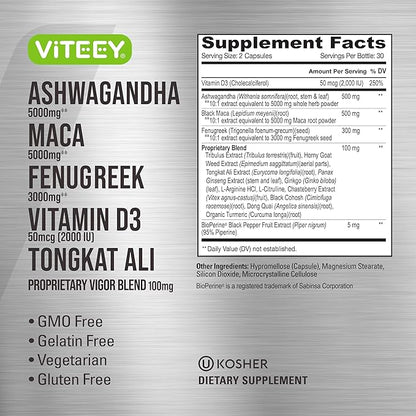 Ashwagandha 5000mg, Black Maca Root 5000mg, Fenugreek 3000mg, Vitamin D3 2,000 IU with Tongkat Ali & Proprietary Vigor Blend 100mg - Calm, Relax, Mood Support for Women & Men - 60 Capsules