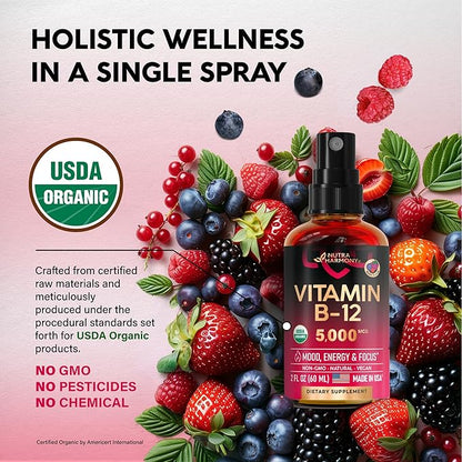 NUTRAHARMONY USDA Organic Vitamin B12 Spray - 5000 mcg Liquid Vegan Methylcobalamin for Women & Men - Energy Boost, Focus & Mood, Brain Health Support - Maximize Absorption - 2 Month Supply, 2 fl oz