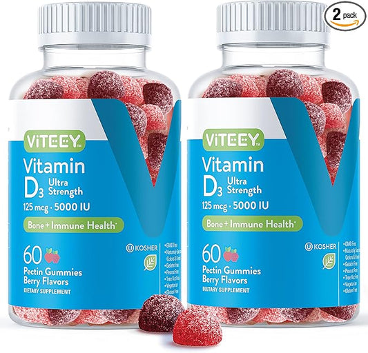 Vitamin D3 Gummies for Adults & Teens - 5,000 IU, 125mcg, Ultra Strength - Joint & Muscle Health, Immune Boost - Chewable Vitamin D Gummies - Vegetarian, Gelatin Free - Tasty Berry Flavored Gummy